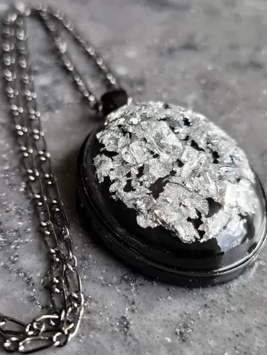 Black and Silver Oval Pendant Necklace